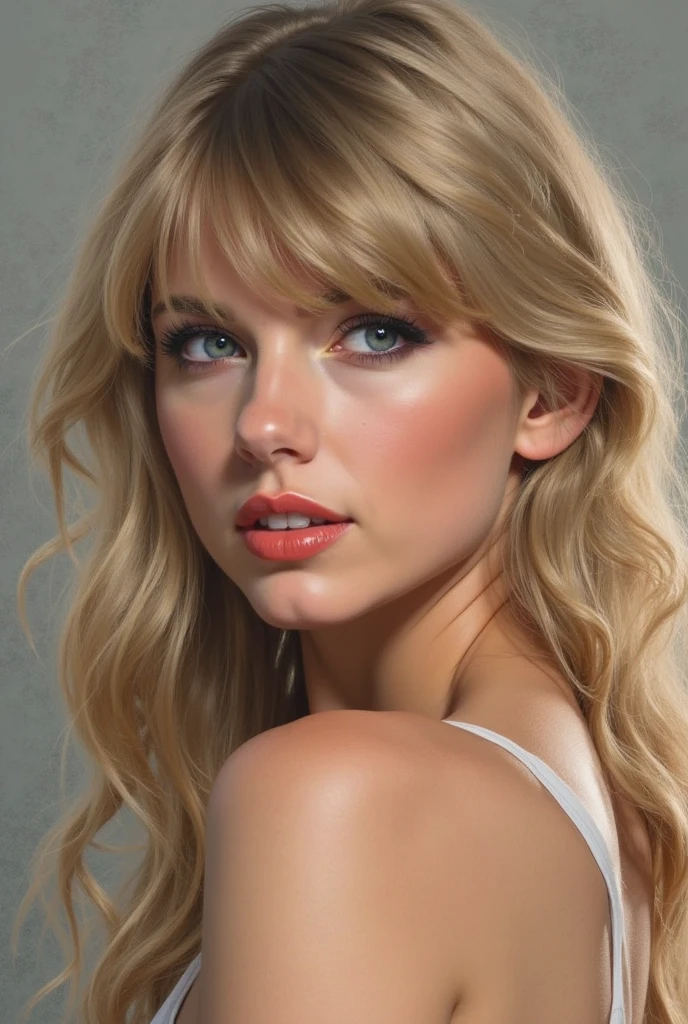 [mix of naomi watts and kristen bell,Jeniffer Lopez, Jennifer Lawrence, Emma Stone], photorealistic:1.4, perfect size breast:1.4, cute smil:1.4,closed room class, at night,portrait like, high resolution, wearing shinny green short military skirt:1.4, topless:1.4,blonde hair, long wavy hair,body&face close up front view:1.4