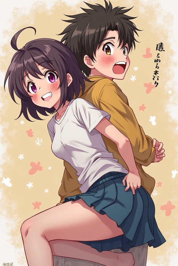 A girl is standing on a train, crying and in disgust. She is topless, wearing no underwear, wearing a checked skirt, her nipples are erect, she has short bob black hair, small breasts, and pale pubic hair. A molester stands facing her and forcibly puts his arm around her shoulders, lifts one of her legs, and inserts his penis into her vagina.