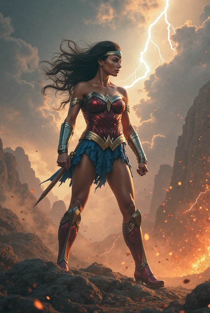 Generate a scene inspired by the epic battle sequence from Avengers: Endgame. The setting is a war-torn landscape with rubble and debris scattered around.
In the foreground, pornstar wonder woman is wearing a thong micro-bikini summons lightning, casting a powerful spell. The sky is dark and ominous, with flashes of lightning illuminating the scene. The scene is dynamic and intense, capturing the chaos and heroism of the battle.
wonder woman is half naked wearing skimpy micro-bikini-thong costumes