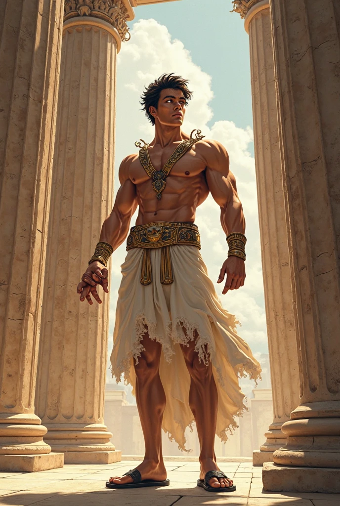 ((best quality)), ((masterpiece)), (detailed), 1man, 20 years old, thin, one leg propped up on a broken marble column, greek temple, short black wavy hair, beautiful male face, detailed eyes, standing sideways, looking at camera, topless, golden chain belt, wearing a white linen loincloth, exposed butt, arm ring, arm band on bicep, gold band on upper thigh, wide gold anklet, mens leather gladiator sandals, detailed skin, realistic, uhd image, hires, 8k, semi-realistic, epic lighting, sharp focus, realistic, romantic,