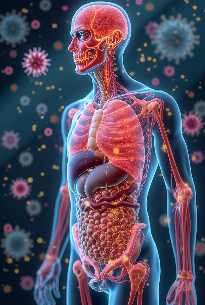 (masterpiece, best quality:1.2), 1 A hyperrealistic image of the human torso showing detailed internal anatomy. The partially transparent skin reveals organs, muscles, and the skeletal system, similar to a medical illustration. It includes the brain, spinal cord, heart, lungs, liver, stomach, intestines, and blood vessels. The neutral background emphasizes the details, with MANDALAS symbolizing the beauty of human anatomy, petals blending seamlessly into the structures.