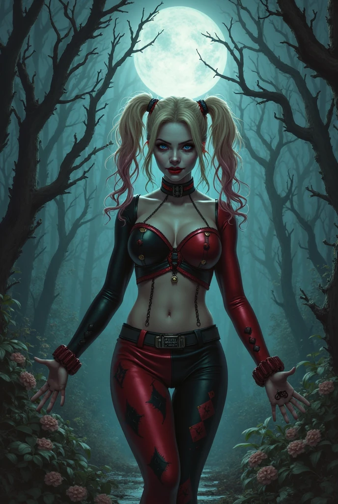 Harley Quinn, completely naked, nude, small breast, tight bust, teen body, vagina, labia, round ass, cemetary in background, night sky, full moon, helloween theme, candles in background, cartoon art style 