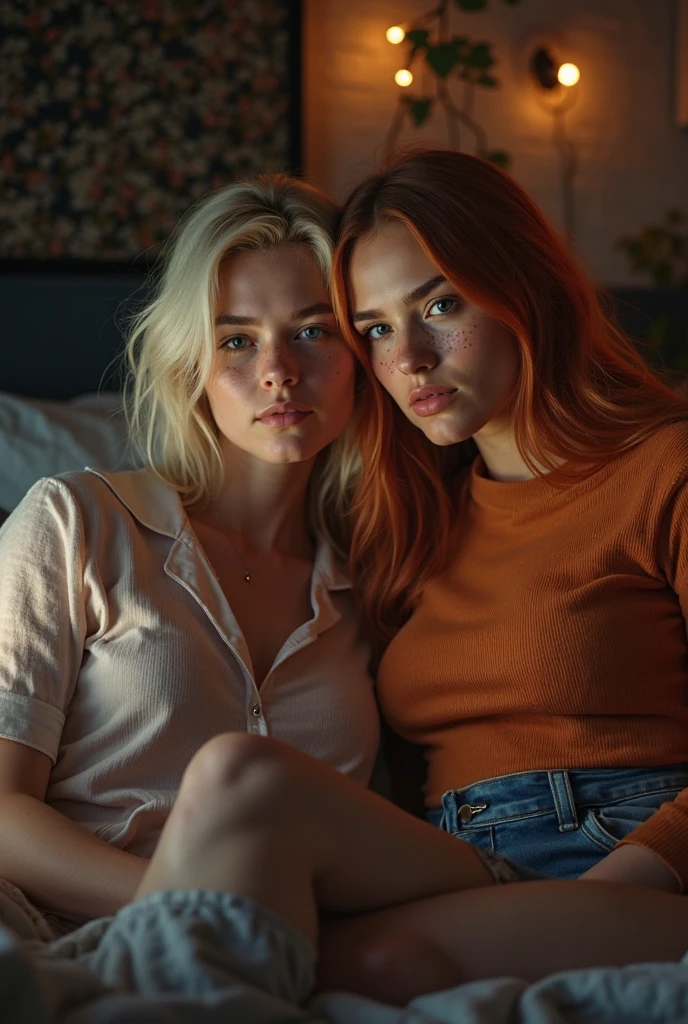  ultra-realistic, highly detailed, cinematic lighting, two young women sitting comfortably together in bed during a cozy movie night. The room is dark except for the soft glow from a TV screen illuminating their faces and the gentle twinkle of small fairy lights hanging nearby. The first woman is a 20-year-old Dutch Instagram model, 170 cm tall, with platinum blonde hair in a sleek high zerteiltes Haar , light blue eyes, tanned skin with soft summer freckles, symmetrical facial features, wearing cozy pajamas. The second woman is tall and curvy, with long orange hair, blue eyes with cat-eye makeup, light tan skin with freckles, and a small dimple on her chin. She wears short high-waisted denim shorts and a fitted orange crop top. Both appear relaxed and happy, sharing the intimate moment, photorealistic., High Resolution, High Details, Ultra realism 