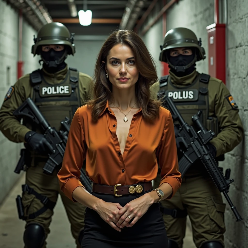 portrait of a middle aged woman with her hands in her pockets and saggy tits, surrounded by men in protective clothes that are welding metal