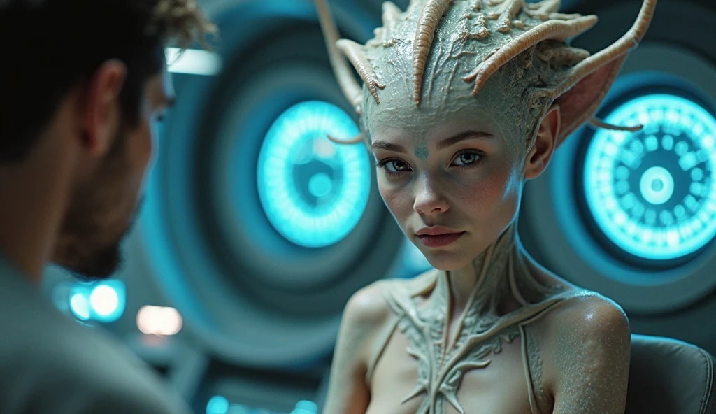 (masterpiece, 8K, UHD, RAW), A sexy Ginger haired girl kissing an evil alien on a bed, (((a beautiful young woman riding on top of one huge horrific alien))), (she rides the male alien with lustful femininity), her beautiful body is covered by a sheer translucent white lace bra with Art Nouveau embroidery, large sexy perky breasts, her pristine delicate features contrasts with the horrendous menacing fangs of the corrupted male alien, full body vibrant illustrations, intricately sculpted, realistic hyper-detailed portraits, queencore, depicts real life, the scene happens in a luxurious Art Nouveau boudoir with studio illumination,cream and teal silk satin,