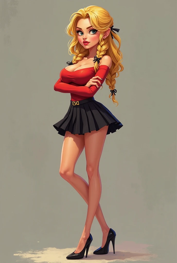 1girl, long blonde hair, blue eyes, curvy, large breasts, wearing tight, low cut red short micro miniskirt, transparent background, absurdres, high res, ultrasharp, 8K, masterpiece, looking at viewer showing thighs, hands on hips