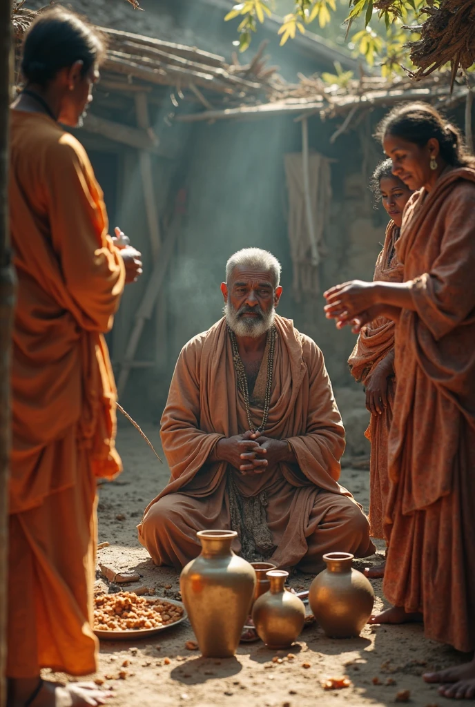 Close-up of devotees in various poses of deep prayer and meditation, surrounded by sacred items like flowers, incense sticks, and holy water. The image should convey a personal and emotional connection with the divine."