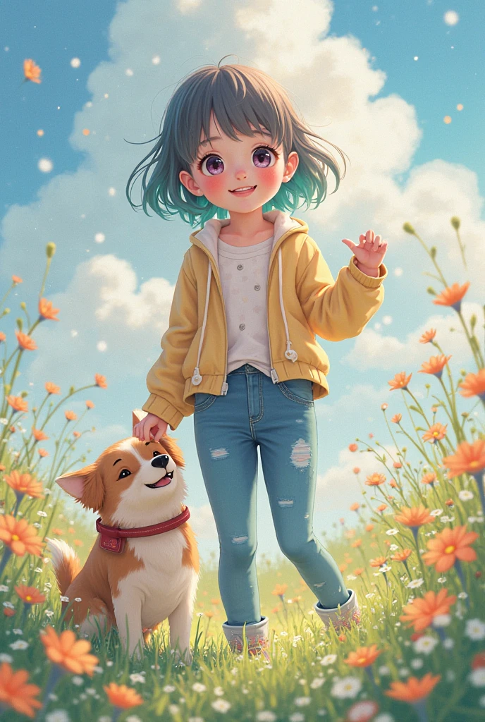 Tip: A very charming little girl with a backpack and her cute puppy enjoying a lovely spring outing surrounded by beautiful yellow flowers and nature. The illustration is a high-definition illustration in 4k resolution, featuring highly detailed facial features and cartoon-style visuals.