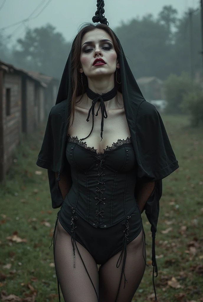 Beautiful 20 year old woman, large tits, with short messy wavy pink hair, wearing a red corset with black accents and black cloak, standing in a foggy cemetery at night, (red lipstick:1.5), realistic skin texture, (cross necklace:1.2), (looking at camera:1.3), (Gothicpunk Art:1.4), photo realistic, 8k