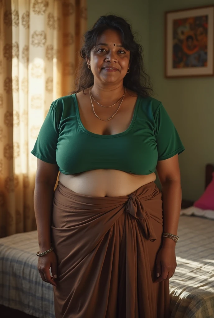 (RAW photo, natural lighting, best quality:1.15) Indian woman Nisha, wearing colorful saree blouse, 20 years old, (chubby cheeks:1.1), (curvy body:1.2), (flat belly), (eyeglasses), (bindi), An Indian beauty, charismatic, dark Indian- skin, view the viewer, naughty smile, Indian slums, (detailed facial features)