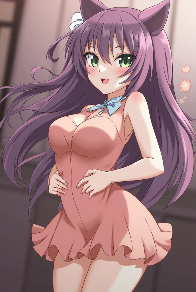 ((masterpiece)),((best quality)),ultra-detailed,illustration,1girl, long hair, solo, smile, purple hair, dress, breasts, large breasts, jewelry, necklace, hat, looking at viewer, dutch angle, blue eyes, headwear removed, hair between eyes, pink dress, hat removed, holding, holding hat, arms behind back, bangs, holding clothes, short sleeves, ribbon, shiny hair, sparkle, tree, closed mouth, shiny, very long hair, ahoge, aqua eyes, standing, window, belt, collarbone, yellow ribbon, pendant,Beautiful Finger,Beautiful long legs,Beautiful body,Beautiful Nose,Beautiful character design,perfect eyes,perfect face,alluring,wallpaper,perfect lighting,Colorful,ultra highres,4K,photography,8K,HDR,highres,(groin),inoue orihime,(Beautiful,large breasts:1.2),(beautiful face:1.2),(narrow waist),(shiny skin),nsfw,(full body:1.5),anime screencap, <lora:Yahata Kumiko_20230712095212:0.6>