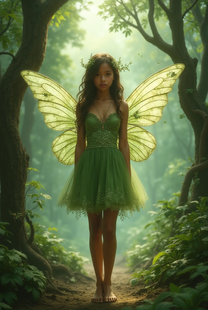 fairy girl, small, Detailed face, dressed in green, with long transparent wings, flying, in a magical forest of many colors, There are many colorful fireflies