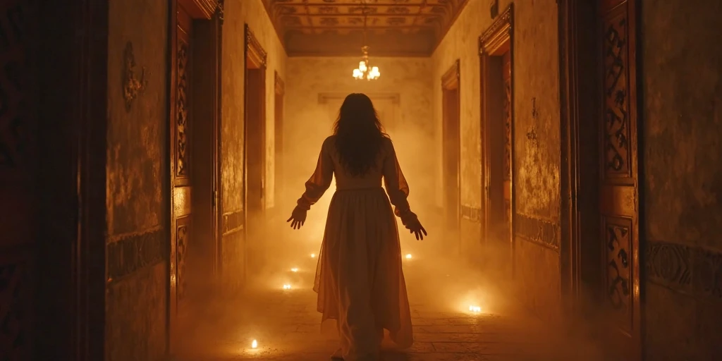 A woman is trapped in a haunted house with a murderous ghost. She is wearing a white nightgown and holding a candle,and she has blood on her face and hands. She is terrified and desperate as she tries to find a way out of the house. The ghost is a pale and twisted figure that can appear and disappear at will,and it enjoys torturing and killing its victims. The house is dark and decrepit,and there are corpses,bones,and creepy dolls everywhere. The scene is horrifying and gruesome.