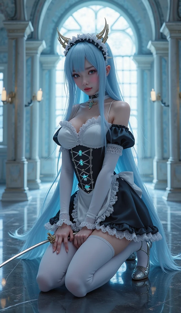8k, masterpiece, best quality, realistic, higly detailed, cowboy shot, 1girl, solo, Nefertari Vivi, young woman, medium height, long wavy light blue hair, two locks hanging down, ponytail, brown eyes, slender body, white high heel boots, princess, medieval, pirate