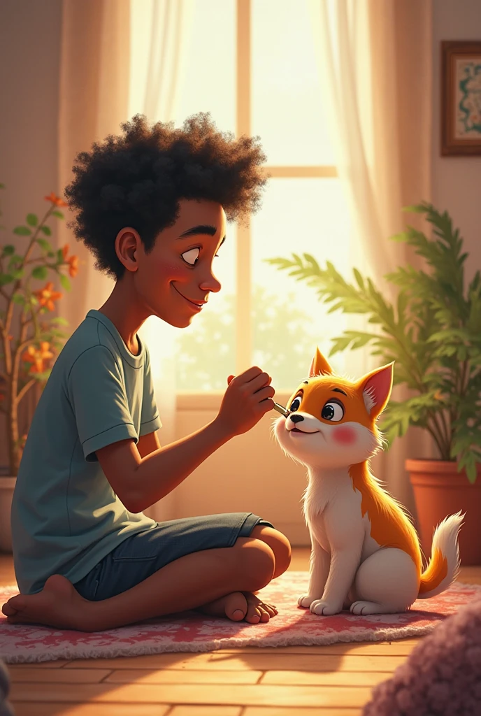 A little dog, black boy is sad because  , His owners give him milk in a saucer and he doesn&#39;t want it.,  IN CARTOONS