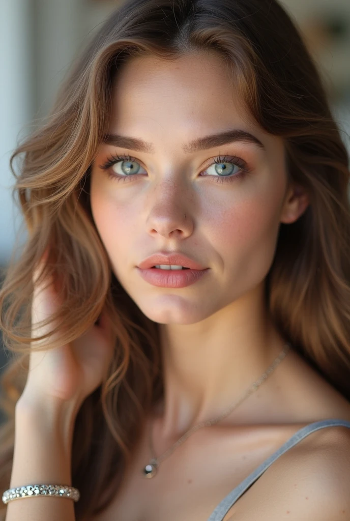 (close-up editorial photo of 40 yo woman, brown hair, slim American sweetheart), (freckles:0.8), (lips parted), realistic blue eyes, POV, realistic[:, (film grain, 25mm, f/1.2, dof, bokeh, beautiful symmetrical face, perfect sparkling eyes, well defined pupils, high contrast eyes, ultra detailed skin, skin pores, vellus hair, fabric stitching, fabric texture, wood grain, stone texture, finely detailed features:1):0.9]