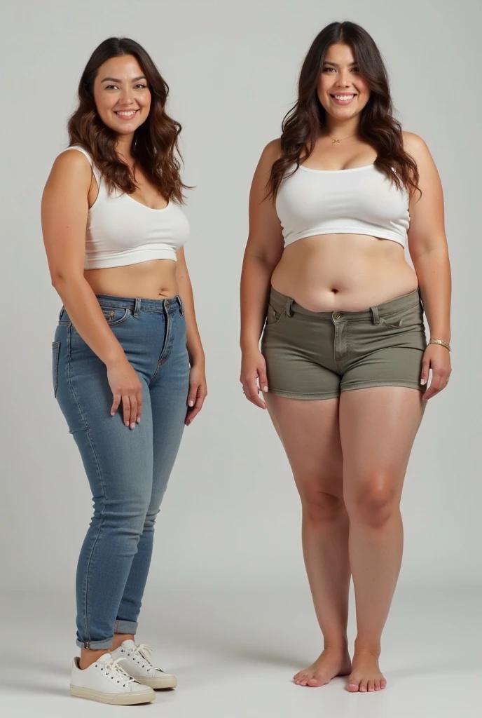 CREATE A BEFORE AND AFTER IMAGE OF A FAT WOMAN BECOMING THIN TO USE IN YOUR YOUTUBE THUMBNAIL. SHOW THE SAD FAT GIRL AND THE HAPPY THIN GIRL
