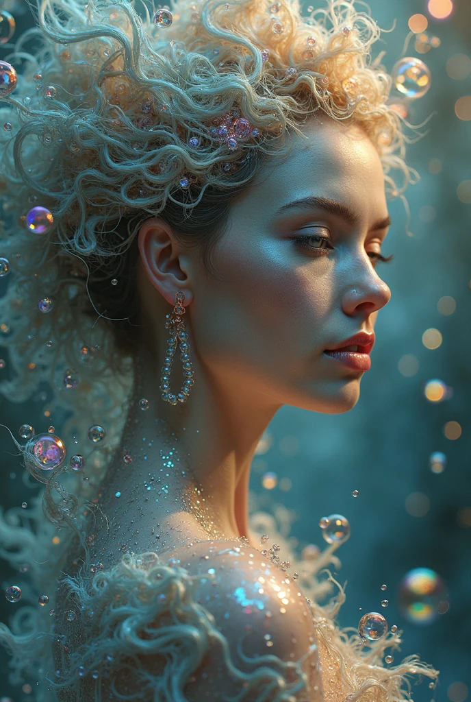 Model shooting style, (Extremely detailed Unity 8k CG wallpaper), A chaotic storm of intricate liquid smoke in the head, Stylized beauty full-length abstract portrait, wetted skin, Petros Afshar reports, ross tran, tom whalen, Peter Mohrbacher, Art germ, Broken glass, ((bubbly underwater scenery)) Highly detailed rendering of octane radiation light, woman, aries constellation，Pink skin
