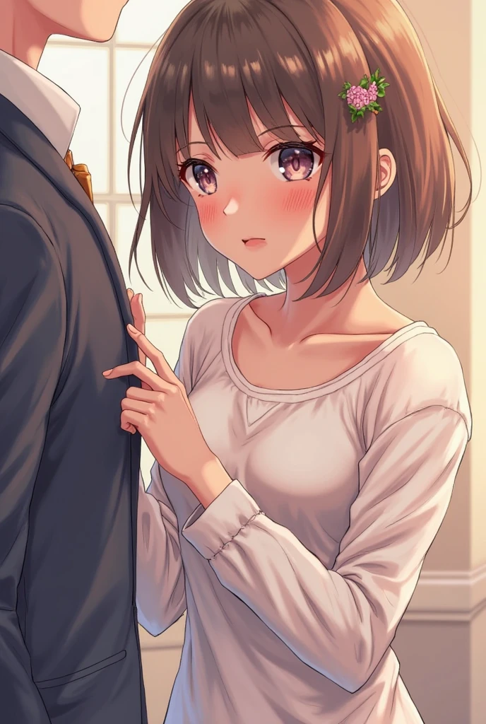 (masutepiece, Digital Art, Digital Illustration, 4K, 8K, Ultra-detailed, beautiful image, Sharp Image, Photorealistic, Raw photo, Perfect face, Perfect lines, Perfect eyes, Soft lighting) 1 woman, (lightbrown hair,Chignon hair in a high position,Innocent look,Lowered eyebrows,drooping eyebrows,drooing eyes,cute large eyes,natural make up,kindly smile,Round jaws,23 year old petite woman:1.3),Two handsome men in suits, (ember,Men in suits,well-muscled,Firm shoulder width,Adult male,Boyish hairstyle,English gentlemanly style,Man in his 30s with a cool expression,28-year-old man with bright smile:1.2),(Nervous,be shy,sleepy,embarrassed from:1.2),innocent smiles,(embarrassed from,Shy smile:1.1),light-filled kitchen、Kitchen Counter、water work、the kiss、kiss、a couple、couple kissing、Romance、ssex、have sex、Wet pubic area、insert 、Rape、Overflowing、Full body painting,(One Girl And One Man,Having sex:1.5),(ember,Adult male,Rubbing the girl's boobs:1.2),Cheek dyeing、gasping face、embarrassed、boredom、begging、Unhappy、Greedy expression,Wet pubic area、 xen、Open your crotch wide、Cowgirl、Fluttering chest、Wet shirt、Sheer lace underwear、Big Size Shirts