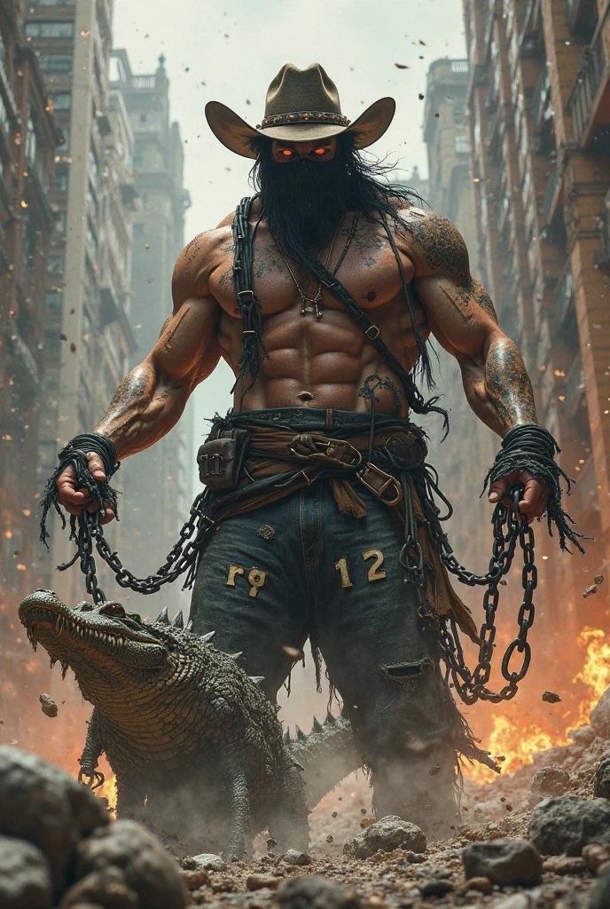 Act as a professional designer and create an image of a person with a male goat head, shirtless human body, He has a seremonial staff with a circle on the top of the staff in his left hand and baggy pants and skateboarding tennis shoes while dancing hip-hop