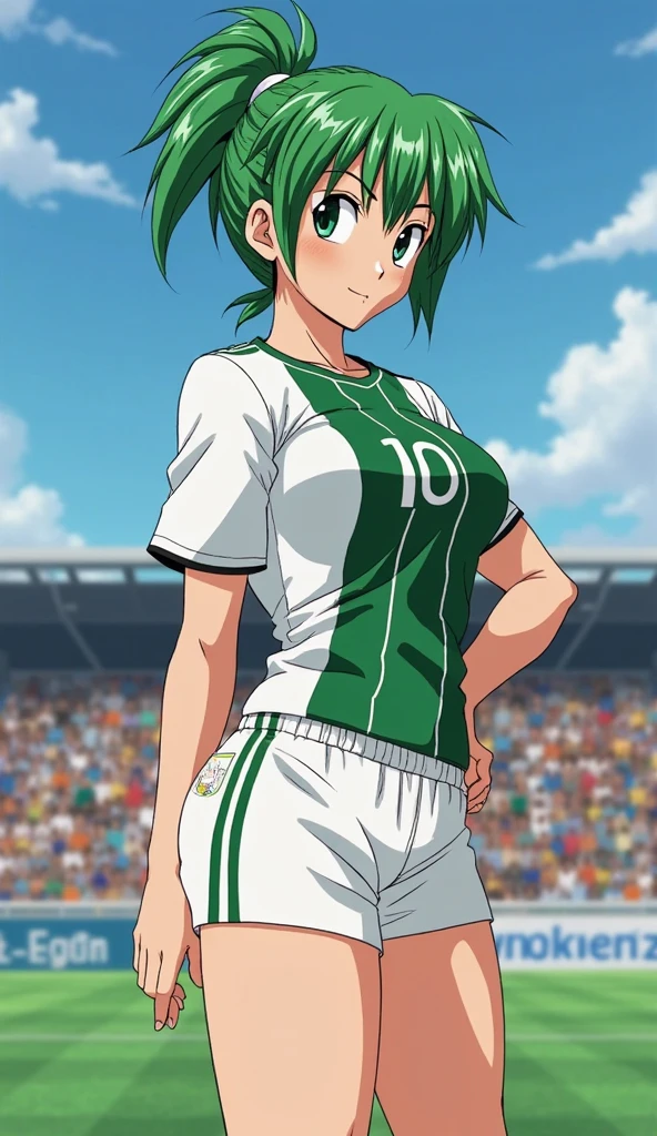 Girl with short green hair, Small size breasts,、Green Eyes, 、,Full body photo from head to toe、Volleyball Player、Volleyball Uniforms、、Uplifting、Leaning forward、、receive、Dive to pick up the ball、Desperate、Sweat、Uplifting、A moving picture、