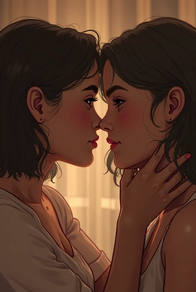 araffe woman kisses a woman in a white shirt while she holds her hand on her chest, kissing together cutely, kiss, still from a terence malik film, kissing, lovely kiss, kiss mouth to mouth, sexy movie photo, making love, making out, kissing together, love scene, seducing, kissing each other, couple kissing, sensuous