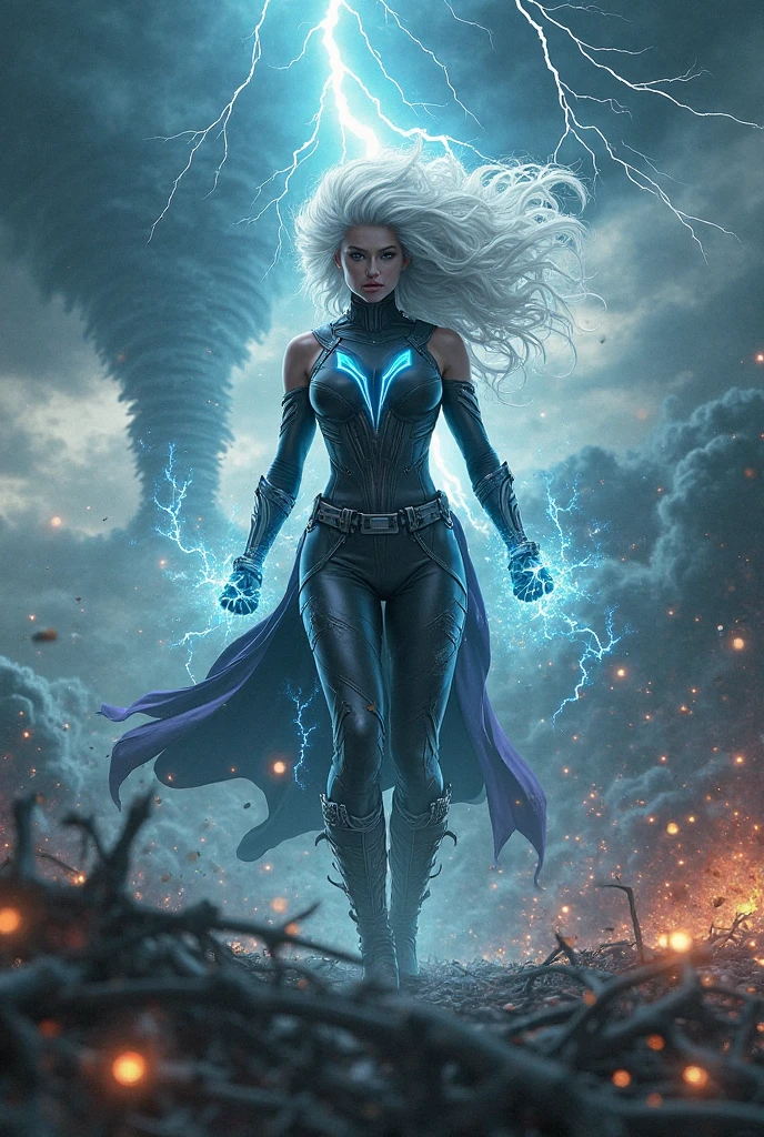 arafed woman in a short skirt and a hoodie posing for a picture, electric woman, she attracting lightnings, light effect. feminine, splashes of lightning behind her, electricity aura, expert light effects on figure, fashion neon light, glowing lens flare wraith girl, ultraviolet photography, amazing lighting effect, surreal lighting