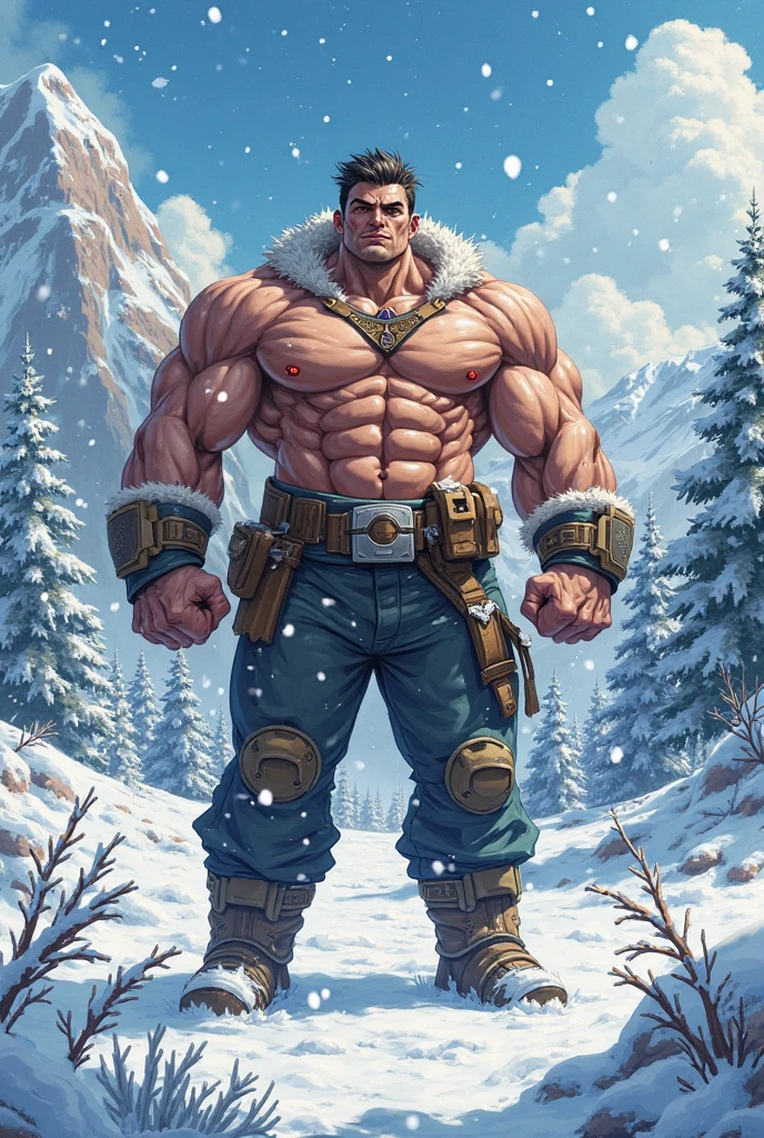 a stocky man is standing in the snow forest, he is wearing tight white transparent thong bikini highlighting his big bulge and big butts, there is a clothe line behind him and 5 Gstrings and thongs and underwears are hanging on the line, masculine and stocky, handsome face with detailed facial features, shirtless and wearing a transparent wet underwear only, big pecs, big arms, wearing a fur hat, wearing long boots with fur lining, wet oiled waxy shiny muscles and skin, flawless white skin, masterpiece, professional DSLR shoot and retouching, illustration art,snow forest and pine trees and ice blocks environment, hot erotic scene, there are snow drops and particels in the air