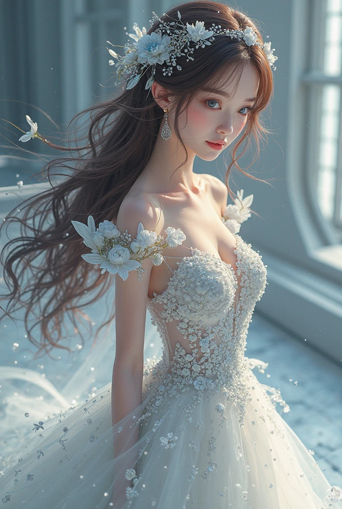 painting of a woman with long hair and a dress with white flowers, exquisite digital illustration, gorgeous digital art, stunning digital illustration, beautiful gorgeous digital art, a beautiful artwork illustration, beautiful digital illustration, beautiful digital artwork, beautiful digital art, karol bak uhd, very beautiful digital art, gorgeous digital painting, elegant digital painting, stunning digital art, airbrush digital art