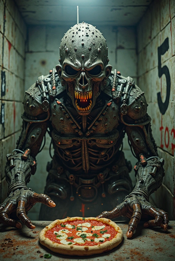 In the abandoned basement, Old wood decays., dark, and full of spider webs, vine, and weeds. There is a fish-headed animal with fangs.. Has a body mixed with a cyborg., Rusty Armor, The floor is dirty., scattered skulls. Deep orange tones, intricate details. Ultra high resolution Built with the aesthetics of Unreal Engine 5, With additional fog and more intricate details.. horror movie scene