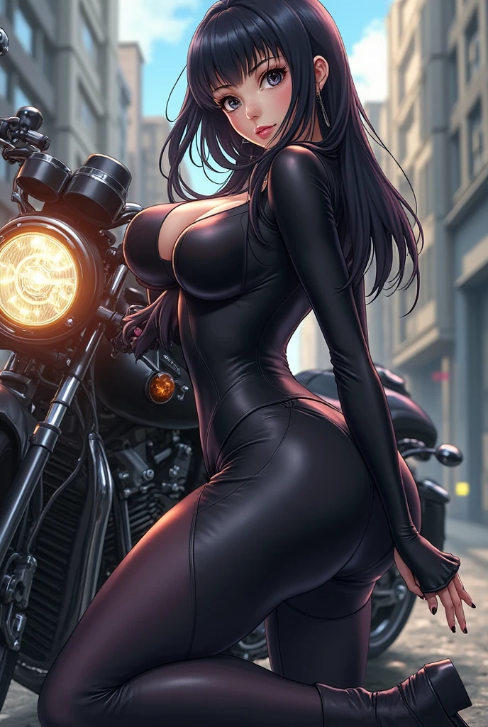 masterpiece, best quality,(solo)<lora:eft_nagatoro_president:0.6>eft_nagatoro_president,long hair, red eyes, purple hair, black hair, breasts,large breasts, looking at viewer, v-shaped eyebrows,(cleavage:1.4), <lora:Cameltoe_FefaAIart:1>cameltoe view,( cameltoe),from below,looking down ,(hip movement),turtleneck ,bodysuit,shiny clothes,fine fabric emphasis,(leather body suit:1.8),(black body suit),biker boots,(motorcycle:1.4),zipper,(neckline), ground vehicle, motor vehicle, motorcycle, on motorcycle, <lora:breastsizeslideroffset:0.2><lora:st-fs_v1.1:-1>