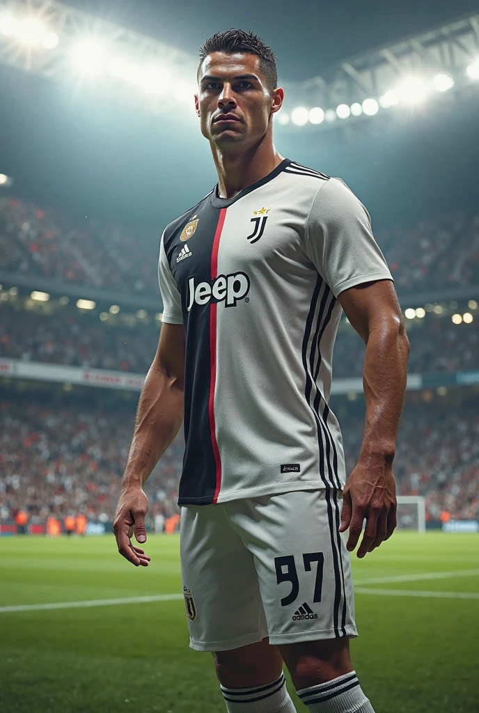 Cristiano Ronaldo cr7, open zipper pants, thick perfect penis, dick spurting smeared milk, At night. On a football field at the stadium, raining