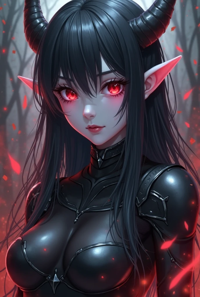 Girl,pointy ears,red eyes,dressed in armor,vampire,4k,black hair