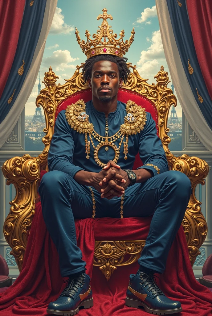 Junior Neymar, sitting on the throne, king's clothes, crown, cloak, inside the castle with Brazilian paintings, and photos of him. Masterpiece, best quality, highest quality, cinematic lighting, (volumetric lighting), extremely detailed CG 8k wallpaper unit, focused, 8k wallpaper, 4k wallpaper, extremely detailed, ultra realistic, photorealistic, sharp focus, absurd, (HDR: 1.2), (high contrast), photography, detailed and intricate, instagram, portrait, highly detailed, digital painting, art