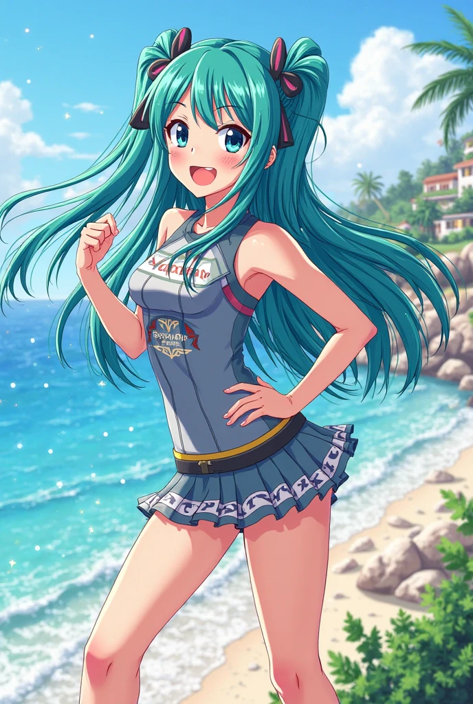 15 year old anime girl playing volleyball at the beach with small breasts