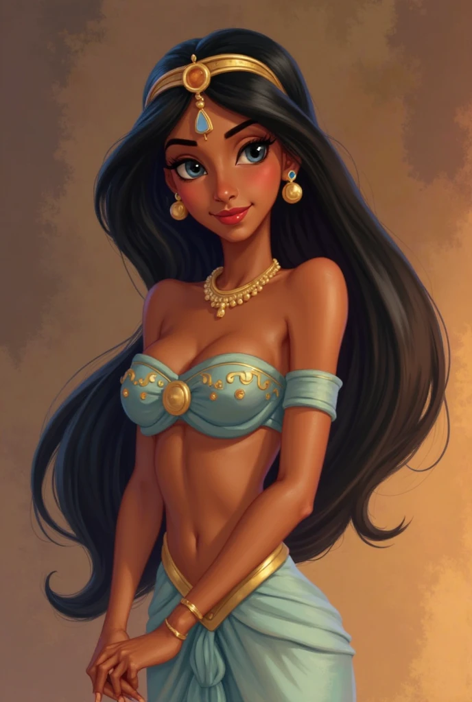 Una caricatura de una mujer con un vestido marron-blanco y cabello largo y negro y de ojos naranja-verde fusionado., Pocahontas, portrait of Pocahontas, portrait of a young Pocahontas, estilo artístico de disney, arte conceptual de disney, arte al estilo de disney, princesa 'kida' kidadagash, hermosas fotos de avatar, estilo de personaje de disney, hermosa pintura de personajes, Lalisa Manoban de Blackpink,(beautiful makeup :1.2), Wide hips, big, big ass, (best quality, 8K, masterpiece: 1.3), Clear focus: 1.2, Perfect body beauty: 1.4, strong abs, Very detailed face and skin texture. , detailed eyes, double eyelids, (long hair), having very marked curves, with greater volume in ((hips and breasts)), which makes the waist look much smaller ((wasp waist)).