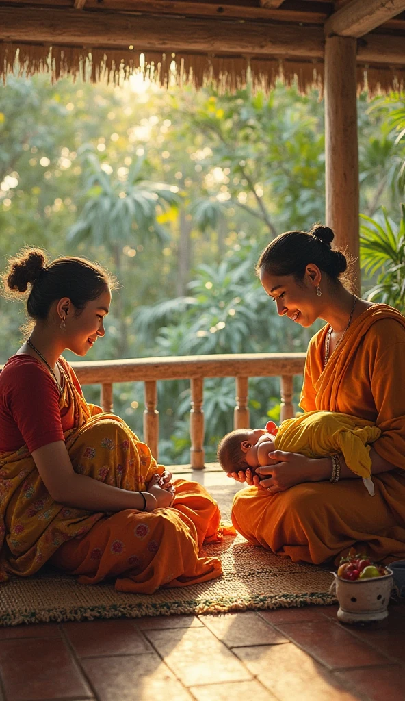 /imagine prompt: Realistic, personality: [Illustrate a serene village scene in Thirupanamoor, Tamil Nadu, during the early morning of June 21, 1983 The background should feature lush green fields and traditional South Indian houses. A newborn baby in a cradle is being lovingly observed by a proud family. The parents' faces should radiate joy and hope for their child's future in service to the nation.] unreal engine, hyper real --q 2 --v 5.2 --ar 16:9