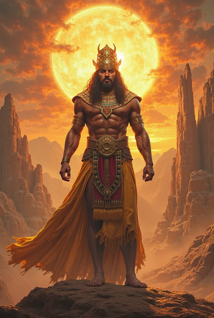 A man of 2,30 tall, he is white, he has a serious face, he has Inca clothes and an Inca crown, his face is painted white and he is very strong, he has light around him, he is the God of the Sun.