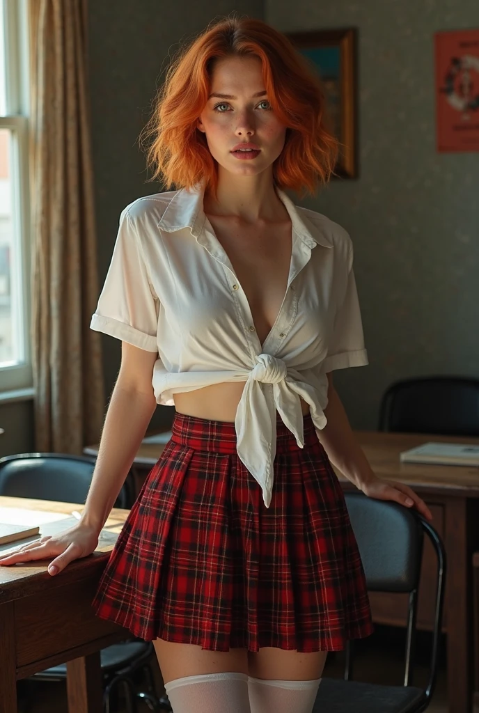 (best quality, highres, ultra-detailed), portraits, realistic lighting, vibrant colors, gorgeous 30-year-old red-haired woman, petite body, short red hair, beautiful detailed eyes and lips, , squatting, chequered skirt, unbuttoned white shirt.