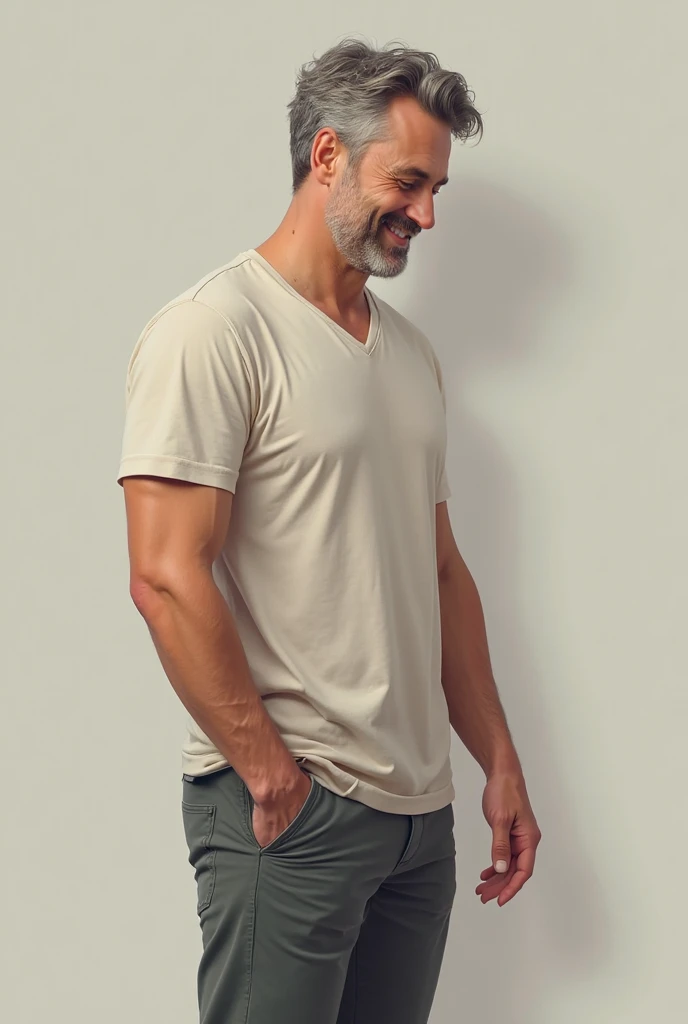 handsome man around 50 years old wearing jeans and thank top on a neutral background