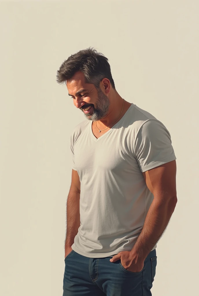 a gorgeous man around 35 years old with a very sexy look, short black hair, short beard, black hair color, wearing a white t-shirt and white pants, smiling, realistic, photorealistic, highly detailed, ultra-detailed, 8k, cinematic lighting, dramatic lighting, chiaroscuro, film grain, warm color tones, extreme high quality, seamless, sharp focus, masterpiece
