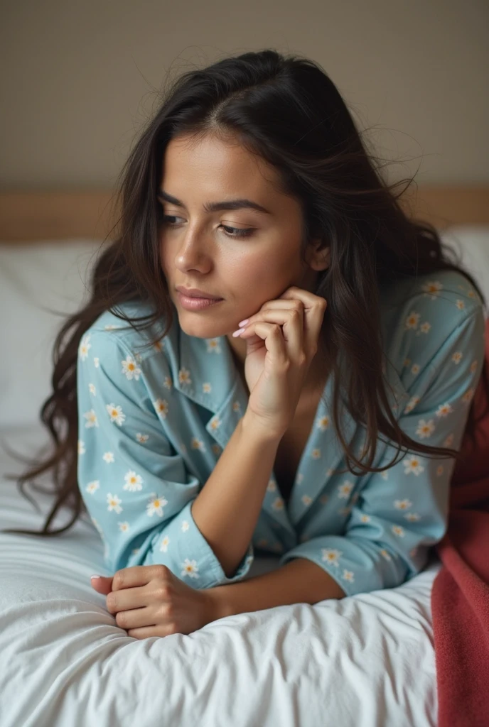 A girl sitting on her bed analyzing with the company of herself in a striped shirt with her gaze down and with American features alone