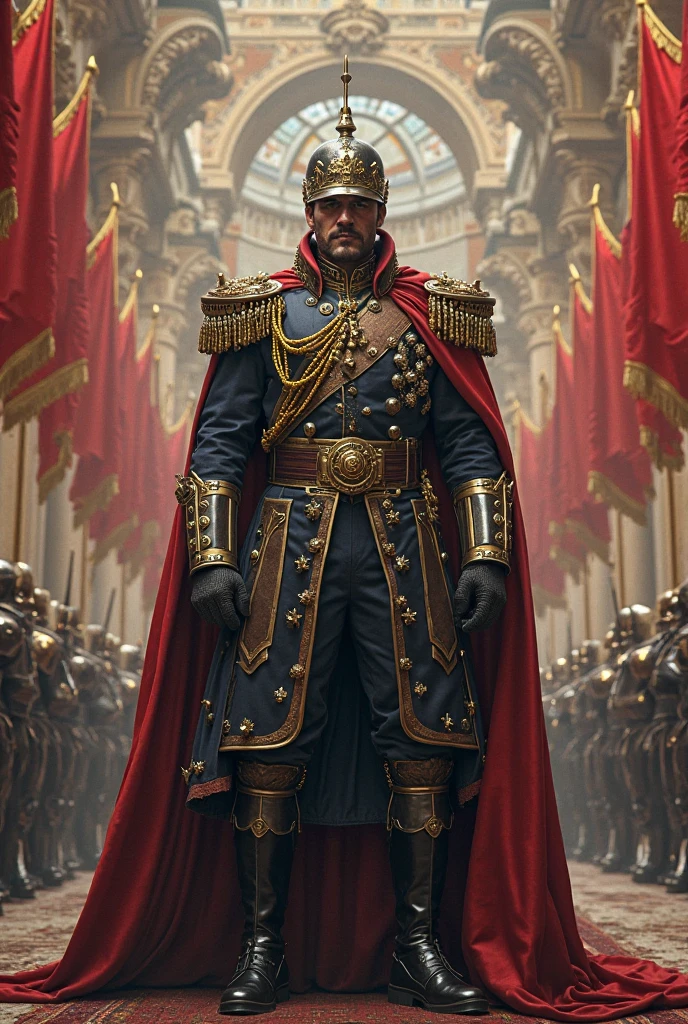 Generate high resolution, imagem impecavelmente detalhada do ator David Thewlis no universo Warhammer 40k, portraying him as a mercenary king adorned in an elaborate costume inspired by the Commissioner. Garantir a riqueza visual do traje, combining the ornate design with the militaristic essence of the Warhammer 40k setting. Capture the presence of David Thewlis as a commanding ruler, exuding royal authority and the battle-hardened demeanor of a leader who faces the dark challenges of this dystopian sci-fi world. Prioritize accuracy, Qualidade de imagem perfeita para enfatizar os detalhes intrincados dos personagens' costumes and expressions. The man is very thin.