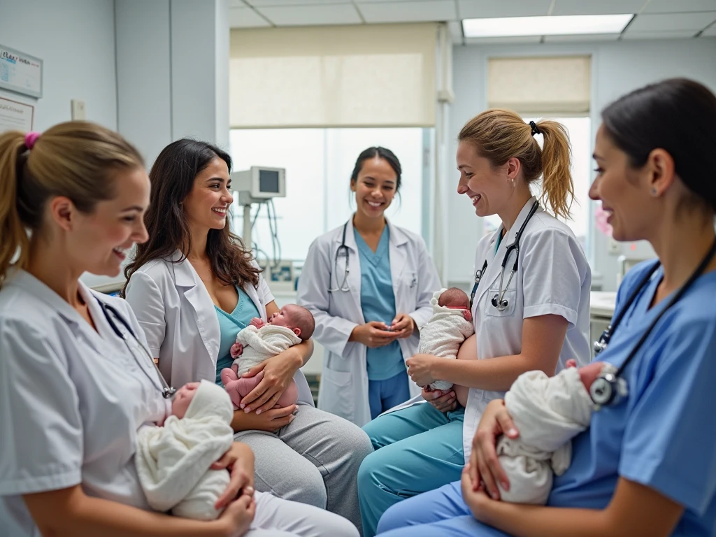 3 strong doctors, black, with a tattoo on their chest are in the hospital looking smiling at a baby who has just been born and still has his umbilical cord.
