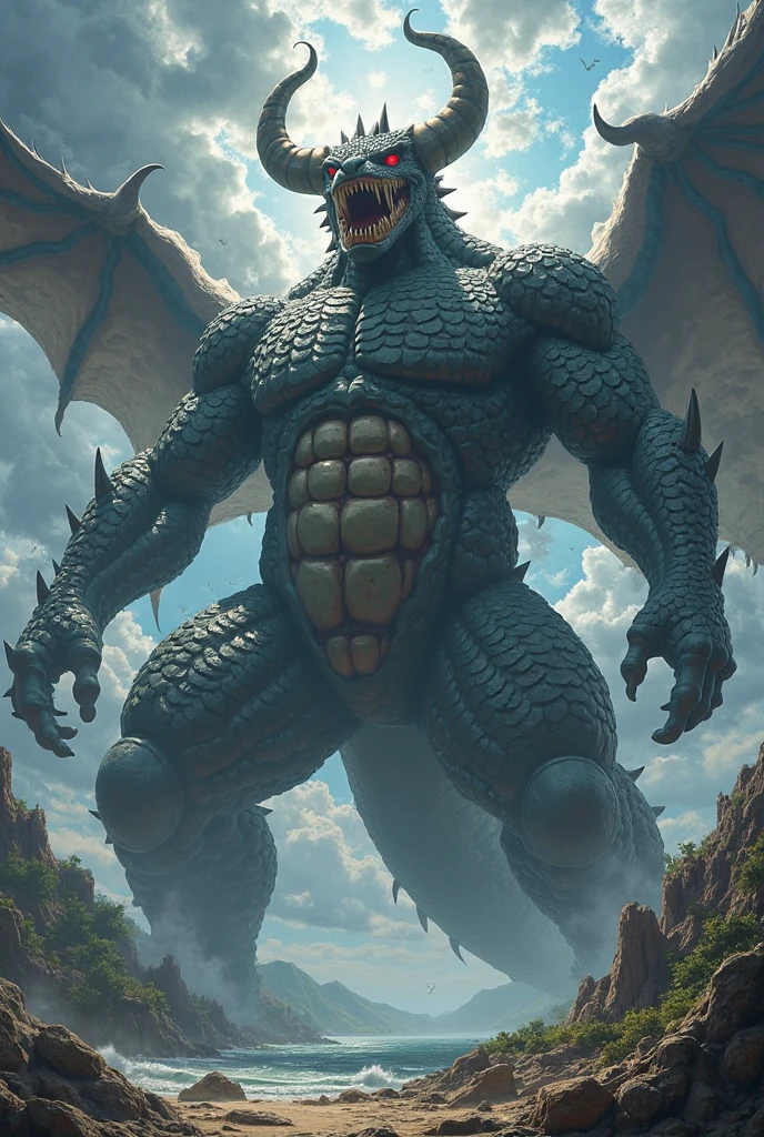 Creates an image of a monster about 7 meters tall, with a large body and strong muscles, similar to a large monster or Titan, dark gray skin, some strong scales like armor, a large head with long and sharp fangs, red eyes, large arms with sharp claws, large legs and dense muscles, large and strong wings that can be opened, creating a ferocious and terrifying feeling.