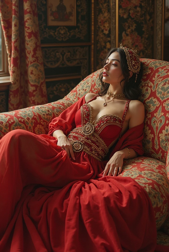 score_9, score_8_up, score_7_up, Snow White (sexy, queen, long dress, big hips, big breasts), Persian,  masturbation on the golden throne in a ancient place, have sex