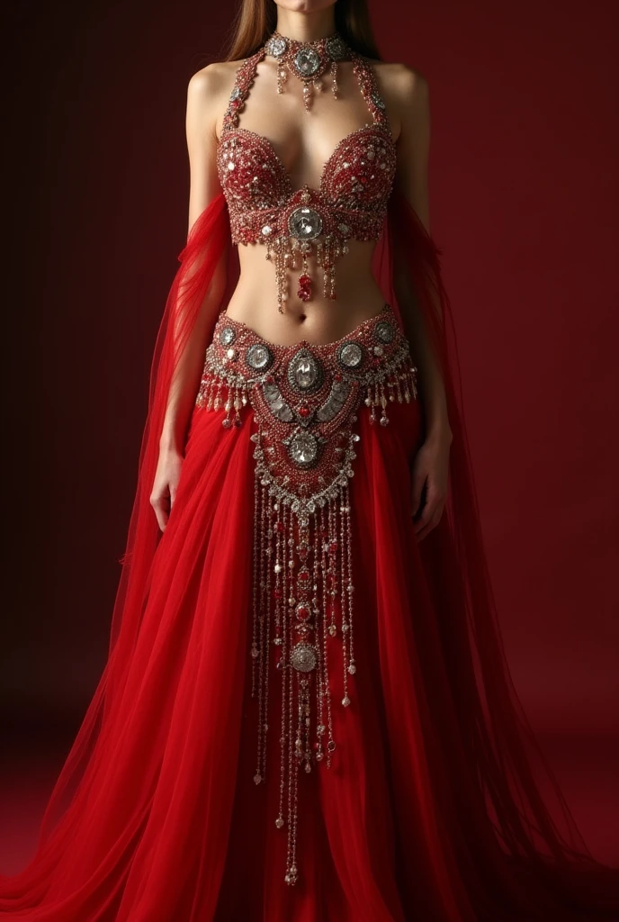 The outfit in the image is a luxurious and elegant ensemble in a deep burgundy color. The top is a bra-style piece adorned with shimmering embellishments and intricate beaded details, particularly around the neckline and under the bust, forming ornate patterns that highlight the wearer’s curves. The skirt is semi-sheer, with multiple flowing layers split at the sides to reveal the legs, while cascading beads and sequins add a regal, sensual vibe. The style is reminiscent of high-fashion, belly dance-inspired attire, blending opulence and allure. Pairing the outfit with sharp, stiletto high heels in a matching burgundy, possibly featuring gemstone-adorned straps or metallic accents, would complete the glamorous look. The pointed toe and sleek design of the heels would further enhance the outfit, adding height and polish for a striking, ultra-glamorous appearance.