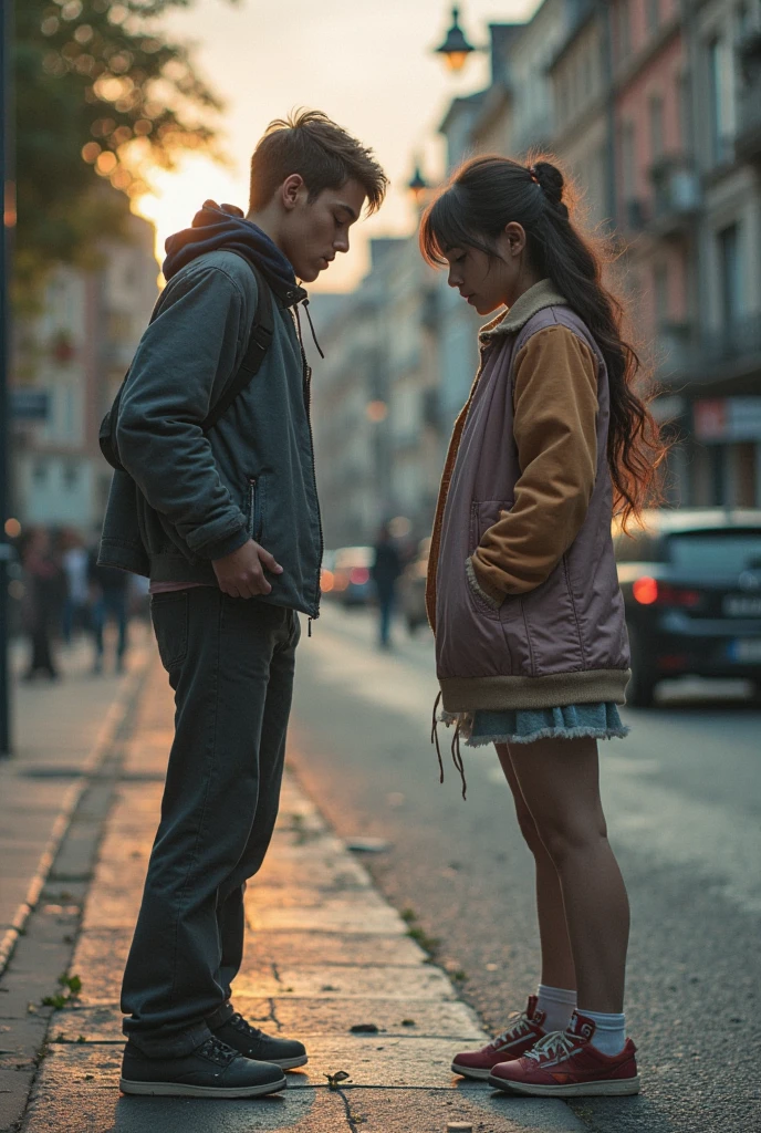 A boy wearing black shirt on which a name is written Hamza is which is little bit healthy looking at a girl who is going to college and girl and boy looking each other in a road on which little bit is traffic