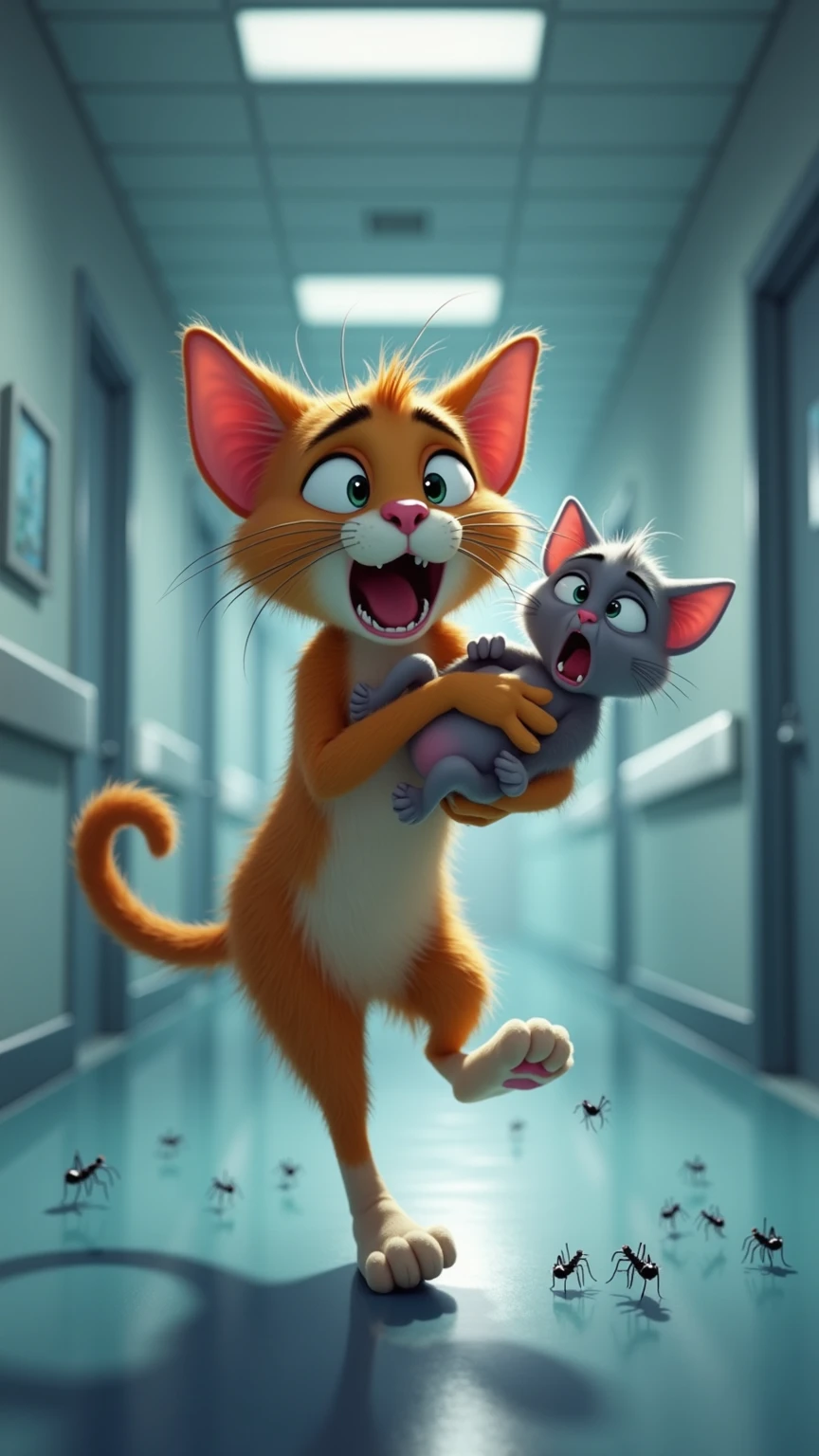 Make me a picture of a tabby cat with a white chest and gray paws, with an injured leg with blood running with three legs in the street escaping from two veterinarians, Her worried owner is shown in the background of the image with her hands on her head in a sign of concern., Someone on the street shouted, &quot;Grab him!&quot;. The cat was laughing 