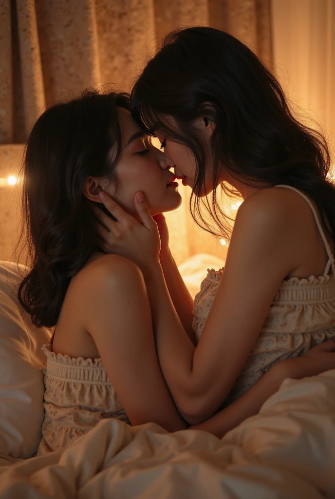 they are two women in bed with white sheets and a lamp, lesbian art, kissing together cutely, lesbian embrace, two beautiful anime girls, lesbian kiss, alena aenami and lilia alvarado, wlop and sakimichan, kissing together, ilya kuvshinov. 4 k, artwork in the style of guweiz, anime girls